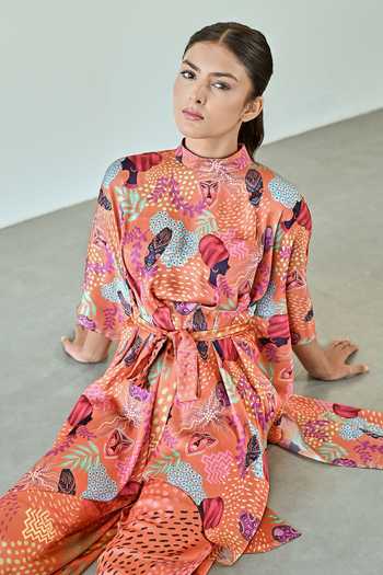 Buy_K-Anshika_Orange Satin Round Neck Abstract Botanical Print Top With Pant _Online_at_Aza_Fashions