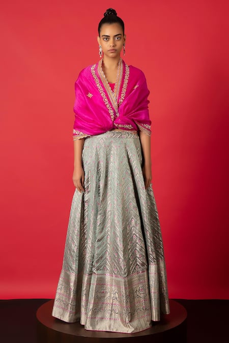 Shop_Ekaya Banaras_Grey Silk, Satin Handcrafted Bridal Lehenga Set With Unstitched Blouse Fabric_Online_at_Aza_Fashions