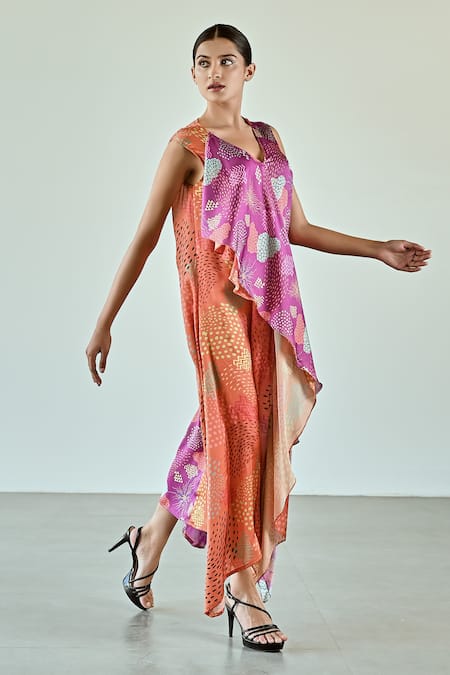 K-Anshika Orange Satin V-neck Abstract Print Two Tone Dress Online at Aza Fashions K-Anshika_Orange Satin V-neck Abstract Print Two Tone Dress _Online_at_Aza_Fashions