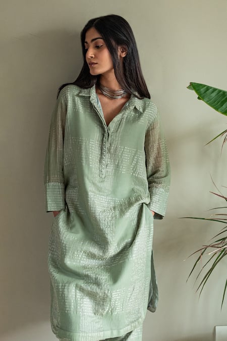 Buy_Shorshe Clothing_Green Muslin, Silk Zari Collared Checkered Woven Shirt Kurta And Pant Set_Online_at_Aza_Fashions