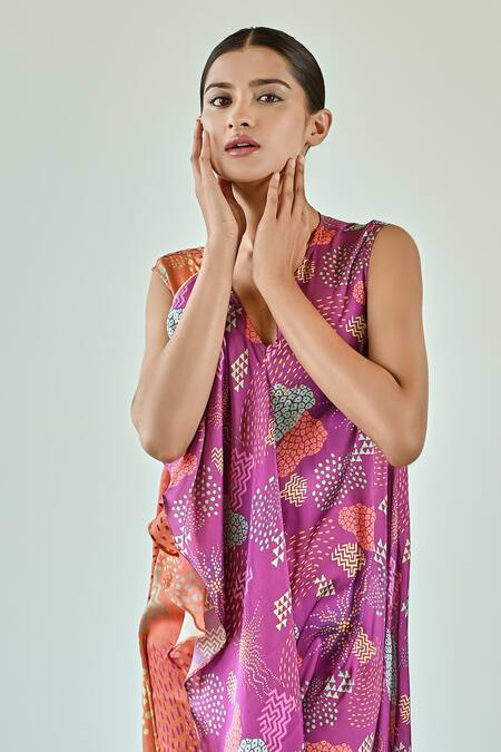 Buy K-Anshika Orange Satin V-neck Abstract Print Two Tone Dress Online at Aza Fashions Buy_K-Anshika_Orange Satin V-neck Abstract Print Two Tone Dress _Online_at_Aza_Fashions