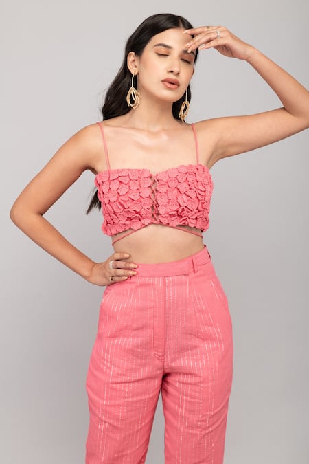 Buy_Kalakaari By Sagarika_Pink Cotton, Chiffon Embroidery, Lace Hand Crochet Top Pant Set_Online_at_Aza_Fashions