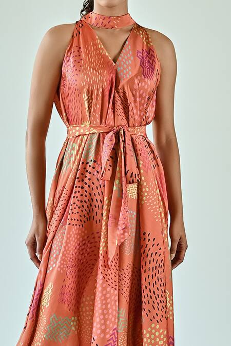 Buy_K-Anshika_Orange Satin Bows Round Neck Abstract Geometric Print Dress With Belt _Online_at_Aza_Fashions