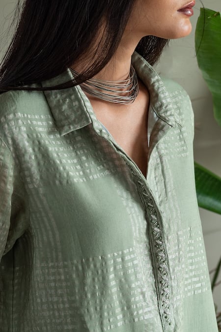 Shop_Shorshe Clothing_Green Muslin, Silk Zari Collared Checkered Woven Shirt Kurta And Pant Set_Online_at_Aza_Fashions