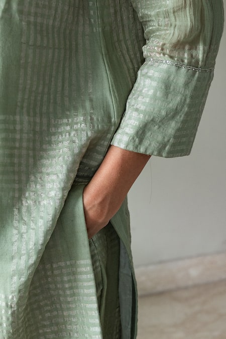 Shorshe Clothing_Green Muslin, Silk Zari Collared Checkered Woven Shirt Kurta And Pant Set_at_Aza_Fashions