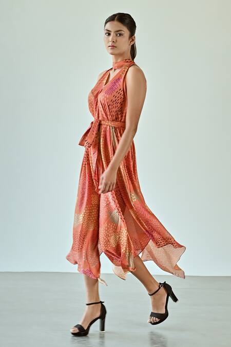 Shop_K-Anshika_Orange Satin Bows Round Neck Abstract Geometric Print Dress With Belt _Online_at_Aza_Fashions