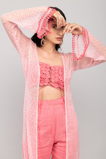 Kalakaari By Sagarika_Pink Cotton, Chiffon Embroidery, Lace Hand Crochet Top Pant Set_at_Aza_Fashions