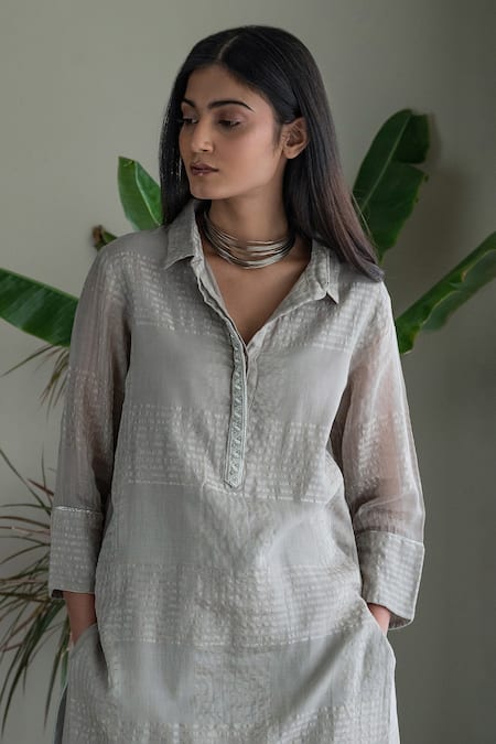 Shorshe Clothing Grey Jersey, Muslin Embroidery, Cut Work Checkered Woven Shirt Tunic And Pant Set Online at Aza Fashions Shorshe Clothing_Grey Jersey, Muslin Embroidery, Cut Work Checkered Woven Shirt Tunic And Pant Set_Online_at_Aza_Fashions
