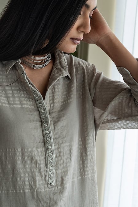 Buy Shorshe Clothing Grey Jersey, Muslin Embroidery, Cut Work Checkered Woven Shirt Tunic And Pant Set Online at Aza Fashions Buy_Shorshe Clothing_Grey Jersey, Muslin Embroidery, Cut Work Checkered Woven Shirt Tunic And Pant Set_Online_at_Aza_Fashions