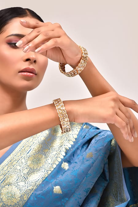 Shop_Zevar By Geeta_Gold Plated Diamonds, Pearls Kundan And Embellished Kada - Set Of 2