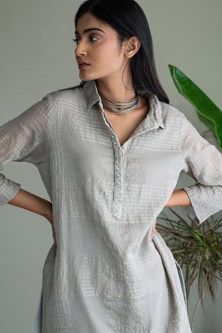 Shop Shorshe Clothing Grey Jersey, Muslin Embroidery, Cut Work Checkered Woven Shirt Tunic And Pant Set Online at Aza Fashions Shop_Shorshe Clothing_Grey Jersey, Muslin Embroidery, Cut Work Checkered Woven Shirt Tunic And Pant Set_Online_at_Aza_Fashions