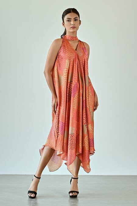 K-Anshika_Orange Satin Bows Round Neck Abstract Geometric Print Dress With Belt _at_Aza_Fashions