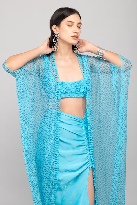 Buy_Kalakaari By Sagarika_Blue Modal, Chiffon, Silk Embroidery Scoop Neck Floral Crochet Bustier Skirt Set _Online_at_Aza_Fashions