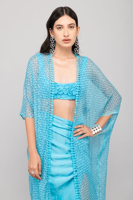 Shop_Kalakaari By Sagarika_Blue Modal, Chiffon, Silk Embroidery Scoop Neck Floral Crochet Bustier Skirt Set _Online_at_Aza_Fashions