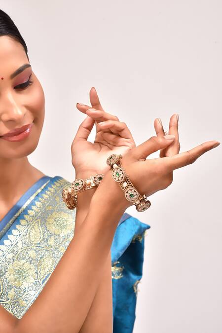 Shop_Zevar By Geeta_Gold Plated Pearls, Crystals Kundan Brass And Embellished Kada - Set Of 2 