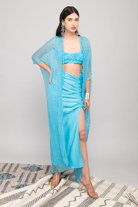 Kalakaari By Sagarika_Blue Modal, Chiffon, Silk Embroidery Scoop Neck Floral Crochet Bustier Skirt Set _at_Aza_Fashions