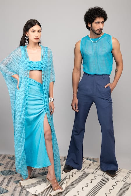 Kalakaari By Sagarika_Blue Cotton, Chiffon Embroidery Plain Pant With Printed Shirt Set _Online_at_Aza_Fashions