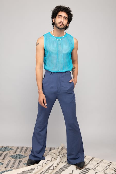 Buy_Kalakaari By Sagarika_Blue Cotton, Chiffon Embroidery Plain Pant With Printed Shirt Set _Online_at_Aza_Fashions