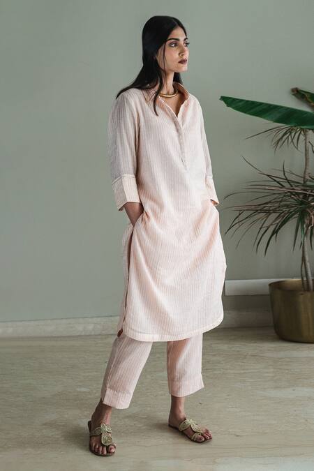 Shorshe Clothing_Pink Jersey, Cotton Embroidery Collared Placket Shirt Kurta And Pant Set_Online_at_Aza_Fashions
