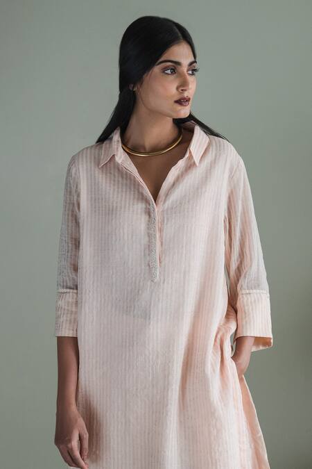 Buy_Shorshe Clothing_Pink Jersey, Cotton Embroidery Collared Placket Shirt Kurta And Pant Set_Online_at_Aza_Fashions