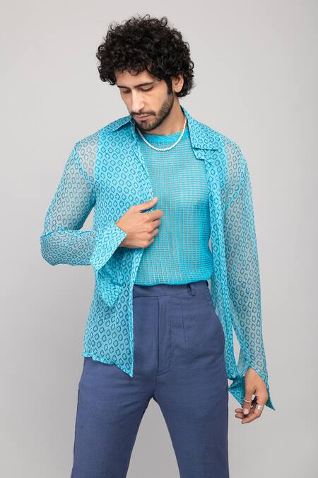 Shop_Kalakaari By Sagarika_Blue Cotton, Chiffon Embroidery Plain Pant With Printed Shirt Set _Online_at_Aza_Fashions