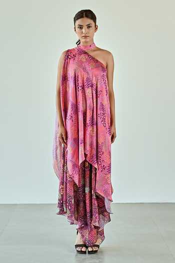 K-Anshika_Wine Satin Round Neck Botanical Print Layered Dress _Online_at_Aza_Fashions