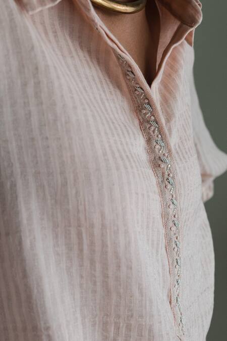 Shorshe Clothing_Pink Jersey, Cotton Embroidery Collared Placket Shirt Kurta And Pant Set_at_Aza_Fashions