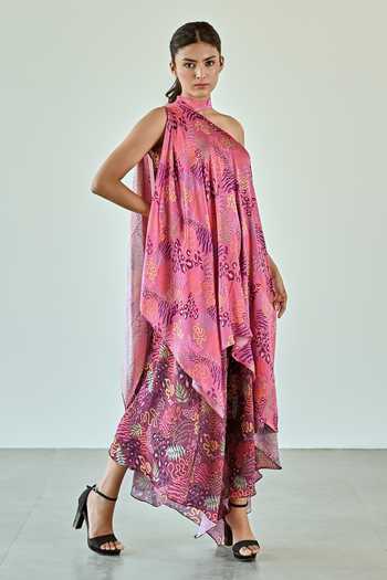 Buy_K-Anshika_Wine Satin Round Neck Botanical Print Layered Dress _Online_at_Aza_Fashions
