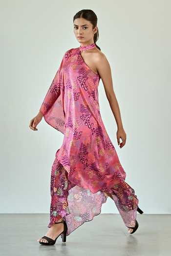 Shop_K-Anshika_Wine Satin Round Neck Botanical Print Layered Dress _Online_at_Aza_Fashions