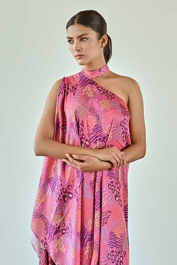 K-Anshika_Wine Satin Round Neck Botanical Print Layered Dress _at_Aza_Fashions
