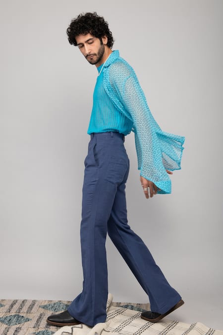 Kalakaari By Sagarika_Blue Cotton, Chiffon Embroidery Plain Pant With Printed Shirt Set _at_Aza_Fashions