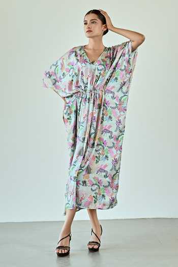 K-Anshika_Blue Satin V-neck Jingle Safari Print Dress _Online_at_Aza_Fashions