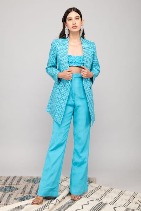 Kalakaari By Sagarika_Blue Cotton, Crepe Embroidery Collared Diamond Tile Print Blazer Pant Set _Online_at_Aza_Fashions