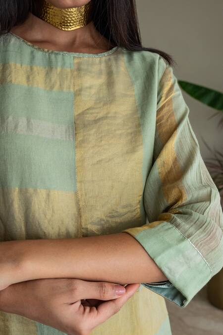 Shop_Shorshe Clothing_Green Cotton, Silk Zari, Embroidery Boat Neck Block Woven Kurta And Pant Set_Online_at_Aza_Fashions