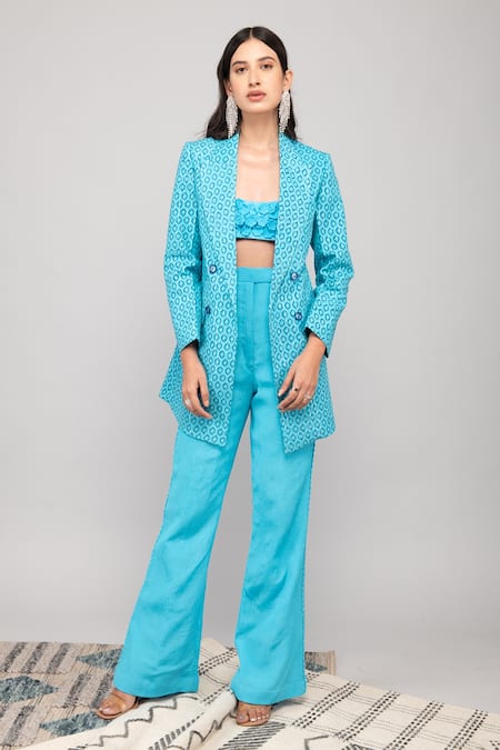 Buy_Kalakaari By Sagarika_Blue Cotton, Crepe Embroidery Collared Diamond Tile Print Blazer Pant Set _Online_at_Aza_Fashions
