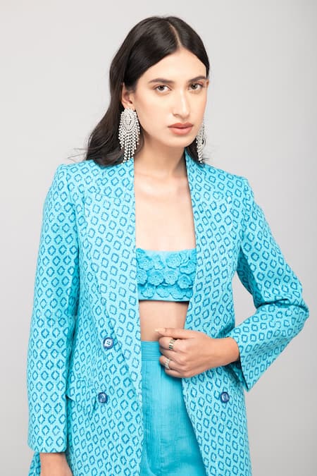 Kalakaari By Sagarika_Blue Cotton, Crepe Embroidery Collared Diamond Tile Print Blazer Pant Set _at_Aza_Fashions