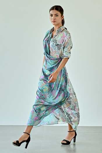 K-Anshika_Blue Satin Collared Botanical Print Wrap Dress _Online_at_Aza_Fashions