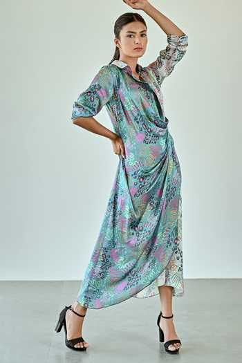 Shop_K-Anshika_Blue Satin Collared Botanical Print Wrap Dress _Online_at_Aza_Fashions