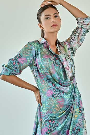 K-Anshika_Blue Satin Collared Botanical Print Wrap Dress _at_Aza_Fashions