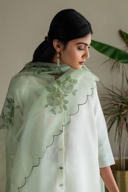 Shorshe Clothing_Green Organza Floral Hand Block Print Stole_Online_at_Aza_Fashions