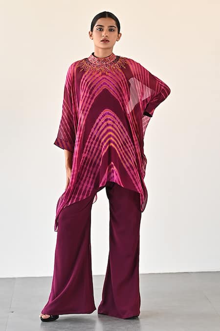 K-Anshika_Wine Georgette Beads, Sequins High Neck Wave Pattern Top And Pant Set _Online_at_Aza_Fashions