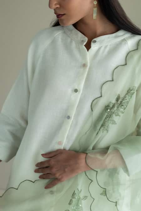 Buy_Shorshe Clothing_Green Organza Floral Hand Block Print Stole_Online_at_Aza_Fashions