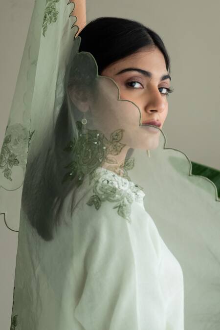 Shop_Shorshe Clothing_Green Organza Floral Hand Block Print Stole_Online_at_Aza_Fashions