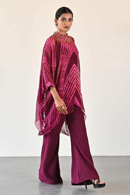 Buy_K-Anshika_Wine Georgette Beads, Sequins High Neck Wave Pattern Top And Pant Set _Online_at_Aza_Fashions
