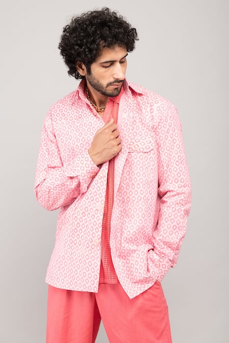 Shop_Kalakaari By Sagarika_Pink Cotton Hand Block Printed Jacket Pant Set _Online_at_Aza_Fashions