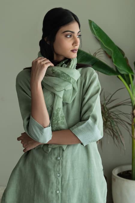 Buy_Shorshe Clothing_Green Handloom Cotton, Linen Embroidery Mandarin Collar Shirt Kurta And Pant Set_Online_at_Aza_Fashions