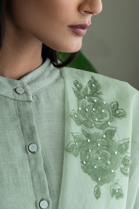 Shop_Shorshe Clothing_Green Handloom Cotton, Linen Embroidery Mandarin Collar Shirt Kurta And Pant Set_Online_at_Aza_Fashions