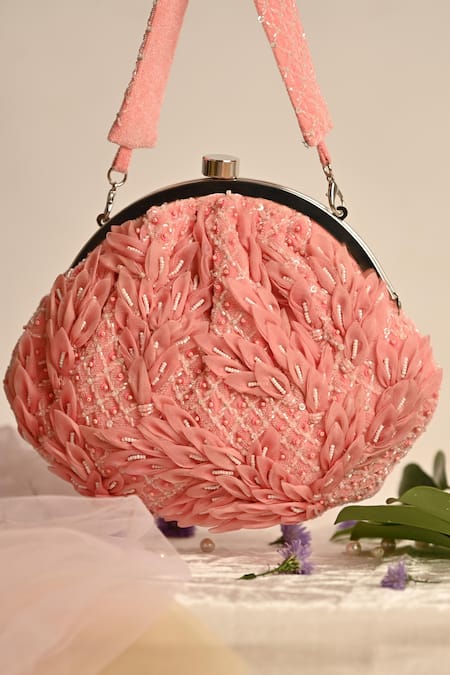 Ara Studio_Pink Leaves Embellished 3d Soft Pouch_Online_at_Aza_Fashions