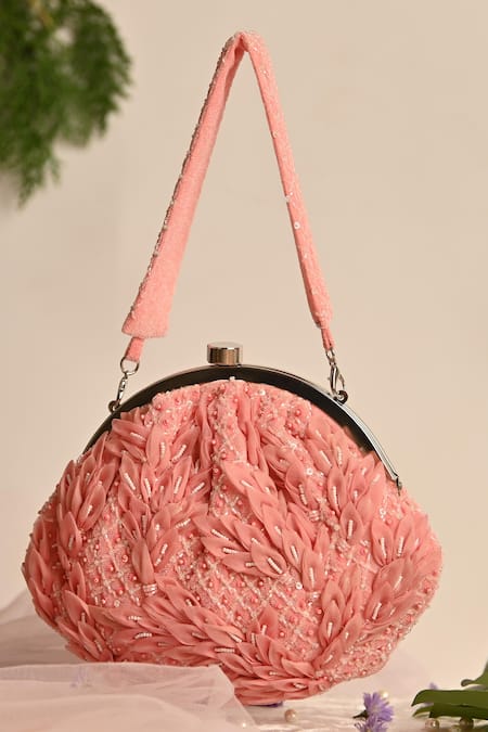 Buy_Ara Studio_Pink Leaves Embellished 3d Soft Pouch_Online_at_Aza_Fashions