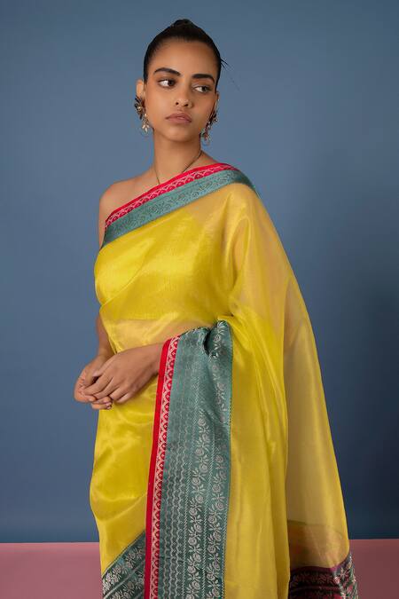 Ekaya Banaras_Yellow Organza Embroidery Banarasi Kadwa Saree_Online_at_Aza_Fashions